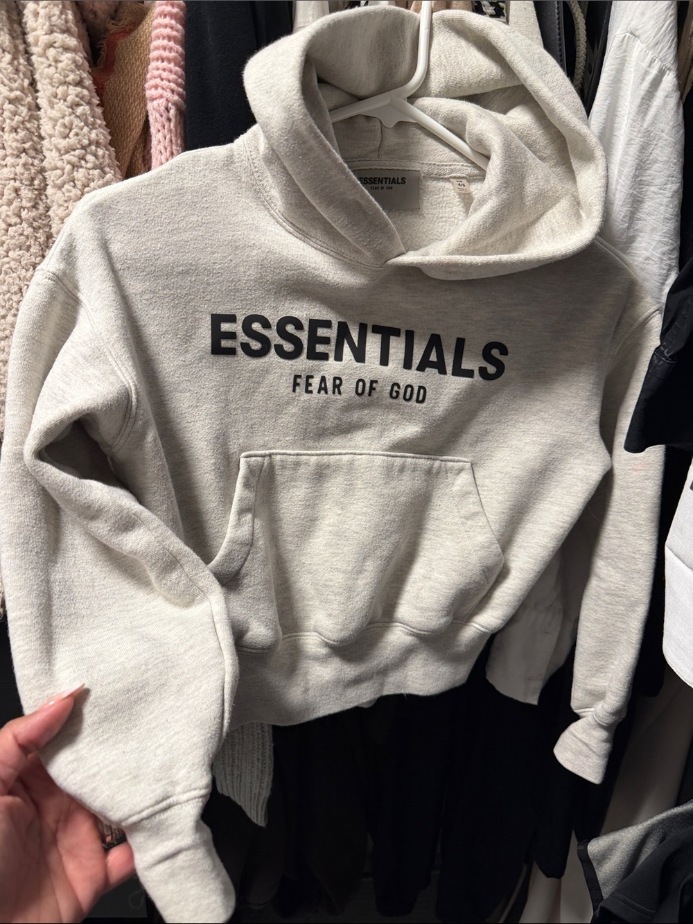 Fear of God Essentials Cream Pullover Hoodie with Black Logo